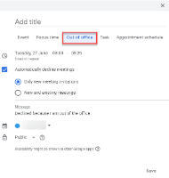 Google Calendar screenshot of event creation with Out of Office option highlighted